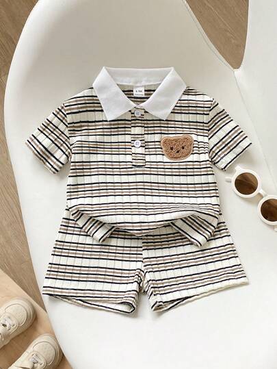 SHEIN Playful Pals 2pcs Baby Boy Casual Classic Striped Polo Shirt Set, Bear Embroidery Design, Soft & Comfortable Fabric, Suitable For Daily Wear, Vacation, School, Gatherings, Spring/Summer