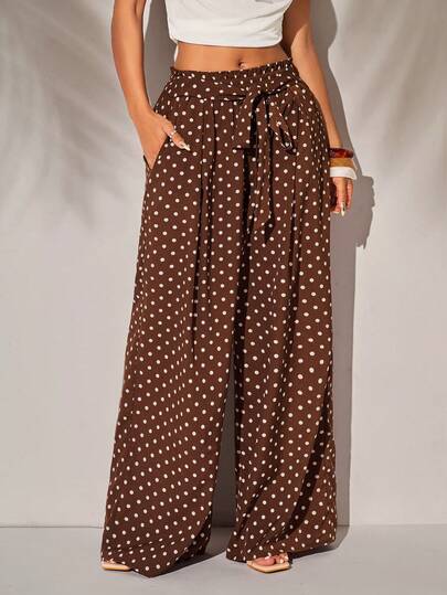 Radiana Women's Comfortable Casual Vintage Coffee Brown Chiffon Polka Dot High Waist Wide Leg Pants, Super Loose Wide Leg Trousers, Polka Dot Pants, Resort Pants, Beach Pants, Casual Pants, Lightweight Flowing Chiffon Pants, Suitable For Casual Outings, Daily Street Wear, Home, Vacation, Beach, Holidays, Music Concerts, Country Concerts