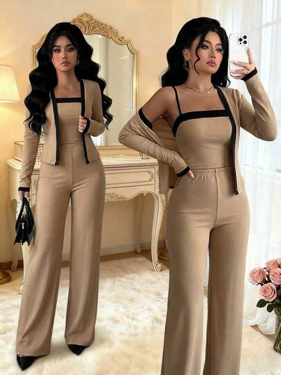 Elenzga Plus Size Women Elegant Strapless Fitted Top, Long Sleeve Jacket, Straight Leg Pants Comfortable Stretchy Fabric Set, Colorblock Design Minimalist Chic Fashion Workwear Everyday