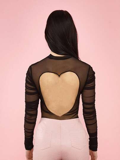 OverBlushhh Women's Sheer Mesh Stretch Ruched Bodycon Top With Heart Cut Out Backless, Long Sleeve Mock Neck Sexy See Trough Top For Valentine's Day, Valentines, Party, Birthday, Date Night, Special Occasion