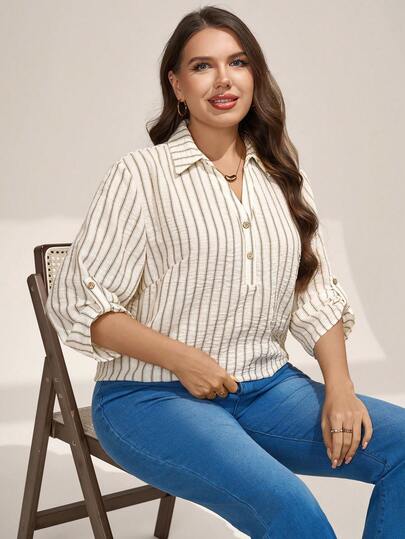 Comfylo Plus Size Women'S Clothing / Fashionable Casual Loose Comfortable Everyday Versatile Slimming Apricot Striped Oversized Button-Down Shirt Set, Women'S Shirt, Simple Style, Work Top, Extra Large Button-Down Apricot Striped Shirt, Plus Size Women'S Loose Shirt, Summer Shirt,Plus-Size Women'S V-Neck Short-Sleeved Shirt With A Soft Fabric, Suitable For Graduation Ceremonies, Holidays, Music Festivals, Mother'S Day, Halloween, National Day, Dances, Dates, Parties, Weddings, Outdoor Activities, Etc. Apricot Striped Shirt, Plus-Size Apricot Shirt, Short-Sleeved Shirt.Casual Blouses For Women,Elegant Blouse,Simple Women Tops,Cinched Waist Fitted Top,Women'S Blouses,For Daily Wear,Elegant And Fashionable For Commuting,Office Siren Style Outfits