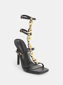 Glitzique 女士银色系带高跟凉鞋，派对迷人水钻装饰方头高跟鞋 - 黑色 - 查看 8