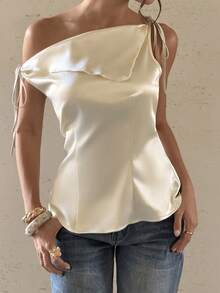 Bluhae Ny, trendig och mångsidig blus i satin med sneda axlar för kvinnor - Aprikos - Visa 5