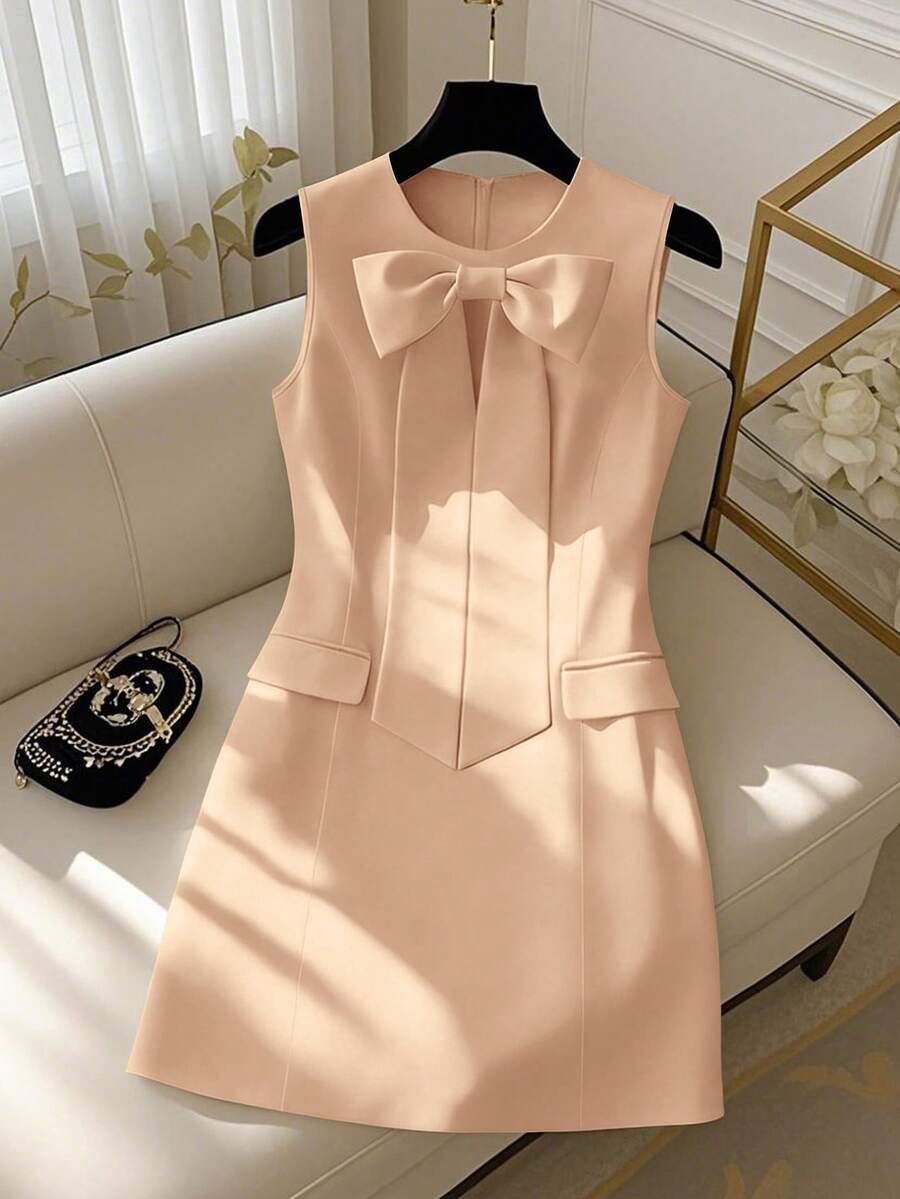 GlowEve 女士白色圆领腰部系带蝴蝶结无袖优雅迷你连衣裙 - 香檳色 - 查看 1