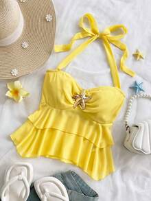 Soleia Tank Top Wanita Kuning Lucu dengan Dekorasi Logam, Model Halter Tanpa Punggung, Cocok untuk Liburan Pantai Musim Panas, Gaya Boho Longgar, Cocok untuk Pesta, Kencan, Hari Valentine, Musim Semi - Kuning - View 1