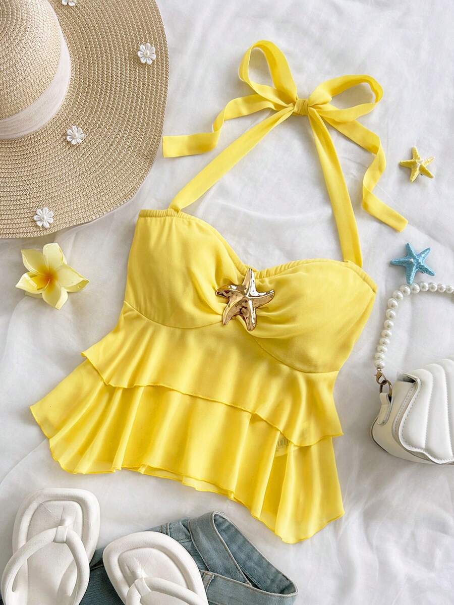 Soleia Tank Top Wanita Kuning Lucu dengan Dekorasi Logam, Model Halter Tanpa Punggung, Cocok untuk Liburan Pantai Musim Panas, Gaya Boho Longgar, Cocok untuk Pesta, Kencan, Hari Valentine, Musim Semi - Kuning - View 1