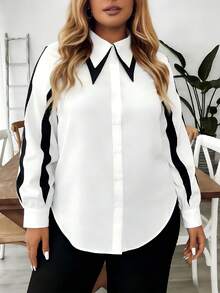 Juhart Camisa de Manga Longa para Uso no Escritório, Elegante, com Recorte Colorido e Botões na Frente, Plus Size - Preto e Branco - Visão 3