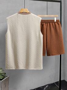 Manfinity Homme Men's Knitted Jacquard Textured Solid Color Ribbed Tank Top Set - Khaki - View 2