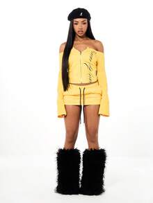 SUMWON WOMEN Off Shoulder Full Zip Yellow Sweatshirt With Flared Long Sleeves Script Text Print Crop Length Fall Winter Casual Top - Yellow - View 3
