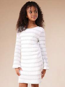 SUMWON Tiered Textured Long Sleeve Mini Dress With Back Keyhole Cutout For Tween Girls Fall Winter Occasions Casual - White - View 3