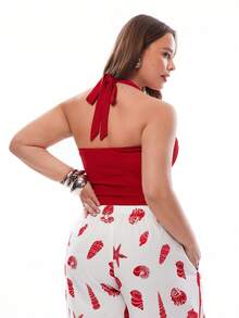 Solavibe Women Plus Size Red And White Summer Casual 2 Piece Set,Halter Neck Solid Top & Loose Wide Leg Pants With Waist Tie,Holiday Beach Vacation Outfit - Red and White - View 4