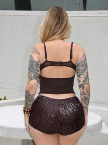 Arliah Camiseta ajustada y sexy de mujer con parches de encaje - Café integral - Ver 2
