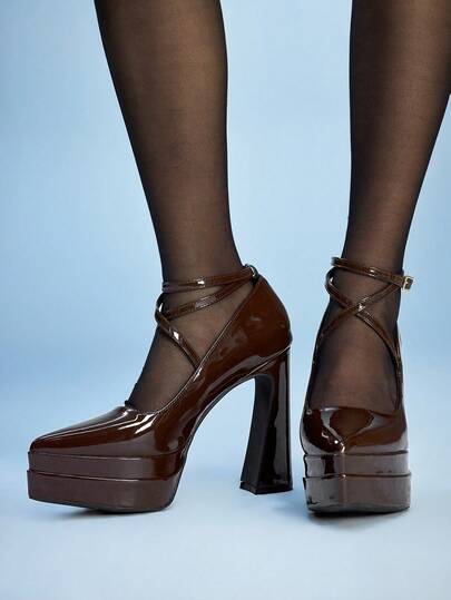 Sugerpunk Women's Sexy Thick Heel 12cm High Heels PU Material Summer Daily Wear Versatile Fashion Pointed Brown Thick Sole Waterproof Table High Heels