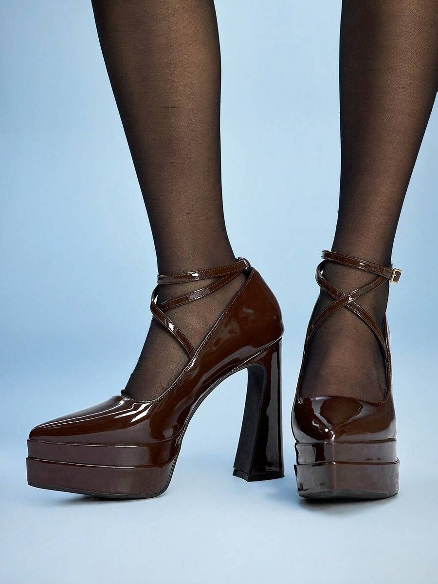 Sugerpunk Women's Sexy Thick Heel 12cm High Heels PU Material Summer Daily Wear Versatile Fashion Pointed Brown Thick Sole Waterproof Table High Heels - Brown - View 1