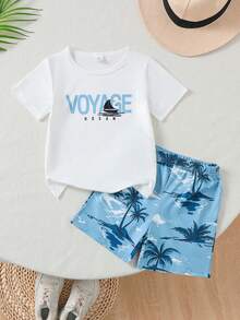 SHEIN 两件套男童夏季套装，休闲白色T恤印有“VOYAGE OCEAN”标语，宽松蓝色短裤饰有海洋沙滩度假主题，舒适的夏季沙滩度假幼儿男童短袖短裤套装 - 白色 - 查看 6