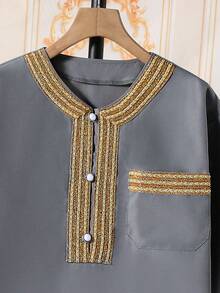 SHEIN Tween Boy Elegant Gold-Trimmed Long Robe Shirt, Spring/Summer - Grey - View 5