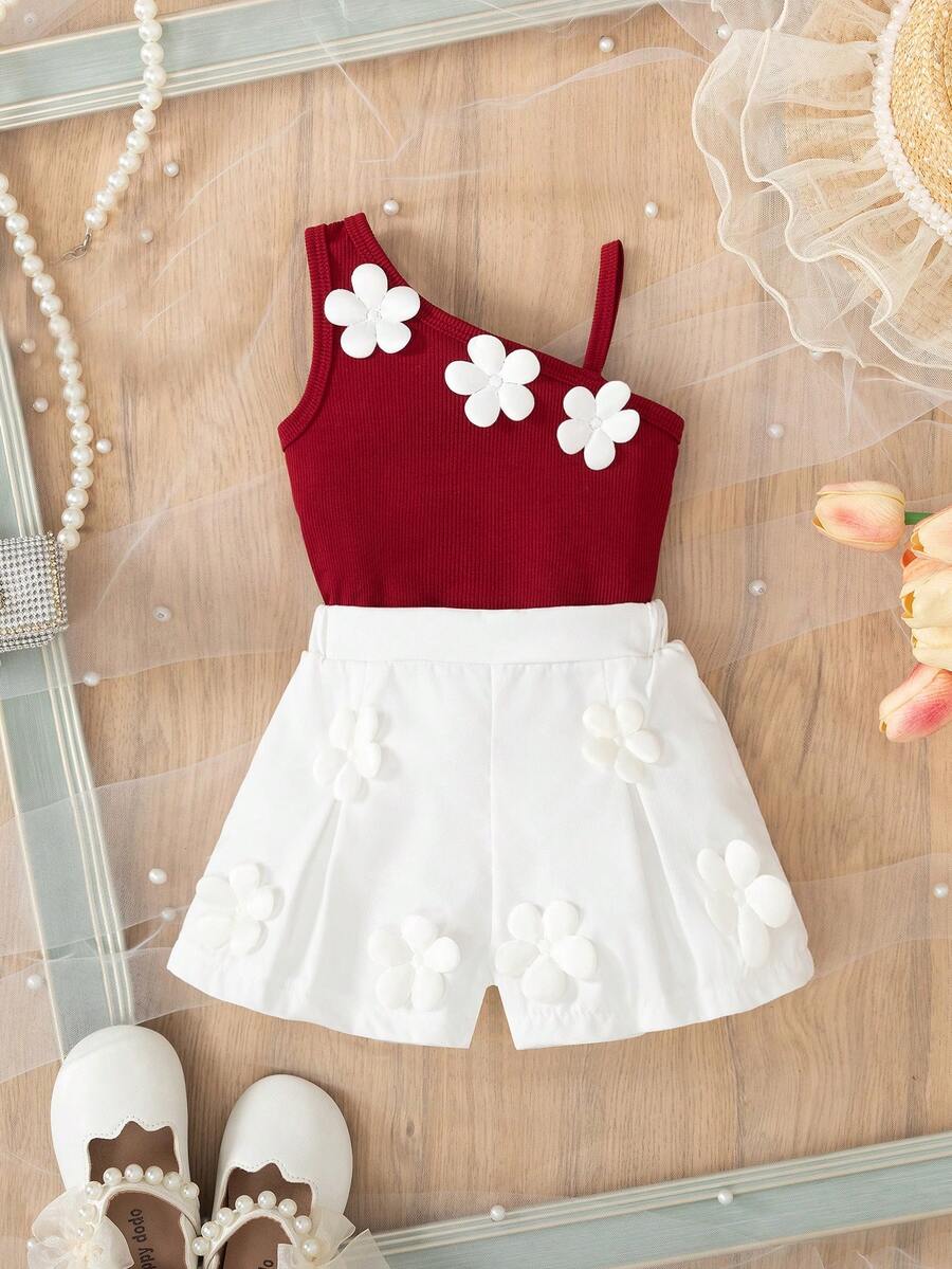 SHEIN 女嬰韓系時尚夏季白色可愛丹寧 2 歲生日 3D 花朵裝飾細肩帶背心與短褲 2 件套花朵套裝
