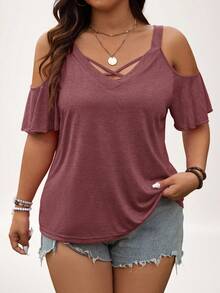 SHEIN LUNE Áo thun nữ cỡ lớn kiểu dáng thường ngày, hở vai, cổ chữ V, màu trơn, thích hợp cho mùa hè. - Màu Đỏ Sâu - Xem 4