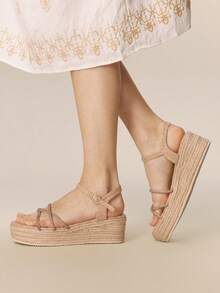 Styleloop Women's Woven Rope Platform Wedge Sandals, Vacation Style BOHO Chic Retro American Western Music Festival Party Outfit Holiday Travel Essential Boho Cowgirl Outfit - Khaki - View 2