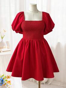 SHEIN CURVE+ 大码女式纯色圆领可爱甜美公主风简约学院风浪漫度假海滩情人节复活节婚礼季露背蝴蝶结灯笼袖连衣裙，红色连衣裙，浪漫连衣裙，度假连衣裙，春季连衣裙，夏季连衣裙 - 紅色 - 查看 6