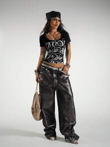 StreetHx Women's Blue Letter Print V-Neck Rhinestone Decor Casual Street Style Short Sleeve T-Shirt, Spring/Summer - Black - View 4