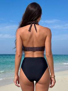 Swim Lushoire Women's 2-Piece Bikini Set Set, Elegant Plaid Random Print V-Neck Halter Top And Triangle Bottoms Bikini Swimwear Set, Summer - Multicolor - View 2