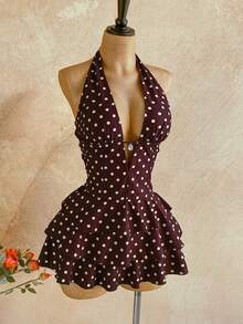 Soleia 女士波点V领镂空腰部荷叶边下摆迷你连衣裙，适合派对、圣诞节、约会、夜店、波西米亚风、度假、秋季等场合。 - 彩色 - 查看 6