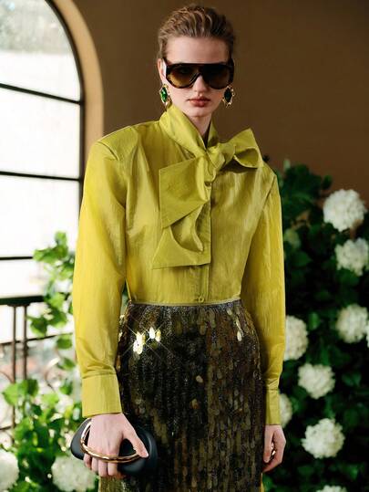 Arave 女士尼龙纯色衬衫，系领设计，适合现代派对、通勤、休闲穿着，宽松肩部剪裁