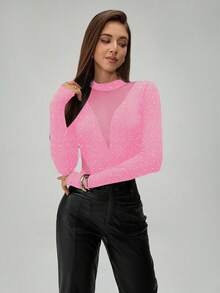 Almamuse Body de mujer de manga larga con cuello redondo, parches de malla metálica brillante y transparente - Rosa - Ver 7