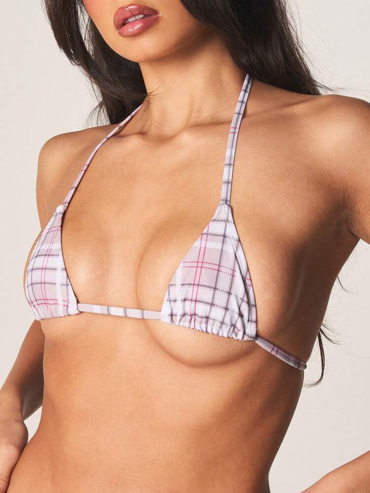 MISSGUIDED Triangle Bikini Top With Plaid Check Pattern