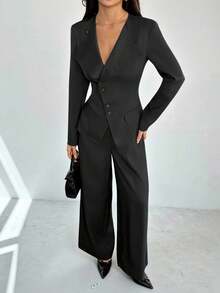 SHEIN PETITE 女士优雅通勤日常百搭街头时尚新款不对称翻领纽扣腰长袖西装外套搭配高腰长裤卡其灰色两件套套装，春夏皆宜，适合春夏季节穿着。 - 黑色 - 查看 3