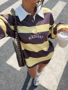 Muchica Yellow Striped Knit Women's Long Sleeve Top And Shorts Set - Brown - View 3