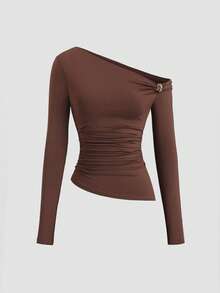 Sweetra Spring/Summer New Arrival Boat Neck Pleated Asymmetric Hem Top & Long Skirt Set, Fashionable Casual - Brown - View 6