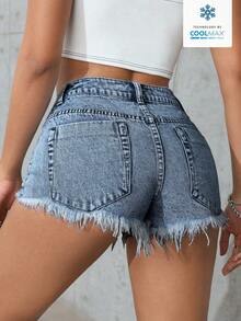 SHEIN PETITE Quần short denim rách tua rua kiểu cổ điển, quần short denim có túi, đa năng cho mùa hè. - Rửa nhẹ - Xem 2
