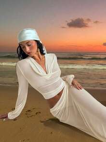 Aloruh Dam Nytt Chiffong-set med omslag, sexigt och elegant, semesteroutfit, enfärgat, aprikosfärgat, strandkläder, 2-delat set, urringad, långärmad topp + midikjol med låg midja och a-linjeform. - Aprikos - Visa 2