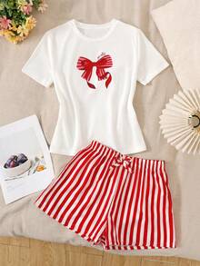 SHEIN Bộ đồ ngủ 2 món cho bé gái, gồm áo thun ngắn tay cổ tròn thắt nơ và quần short kẻ sọc, chất liệu mềm mại, thoải mái, màu đỏ. - Đỏ - Xem 3