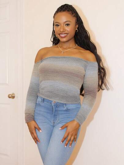 Steph T 女士渐变色透视露肩插肩长袖修身毛衣