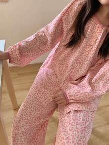 Dazy Plus 大码女式印花圆领长袖上衣和阔腿裤休闲家居服套装 - 粉色 - 查看 9