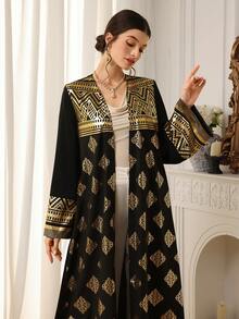 Al Najma Women's Metallic Trim Open Front Casual Abaya, Versatile For Gatherings And Outings - Black - View 2
