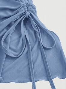 SHEIN MOD Blue Long Sleeve Tight Lace-Up Women T-Shirt, Casual Wear Baby Blue Top Women Square Neck Blouse - Blue - View 3