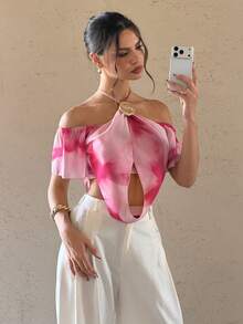 Lyxana Áo sơ mi nữ cổ yếm nhuộm tie-dye trang trí kim loại, thời trang, đa năng, thích hợp mặc thường ngày. - Nhiều màu - Xem 6