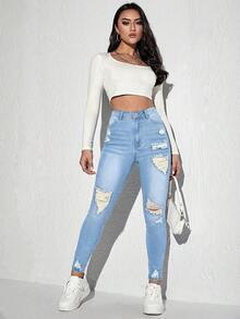 Jeanoix Jeans de mezclilla casual desgastados para mujer - Lavado ligero - Ver 6