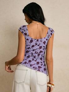 Poéselle 女士休闲百搭格子花卉印花方领扭结前襟修身背心，春夏款 - 紫色 - 查看 3