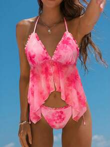 Swim Vcay Women's Floral Random Print Ruffle Spaghetti Strap Two Pieces Bikini Swimwear Set, Suitable For Summer Beach Vacation - Multicolor - View 6