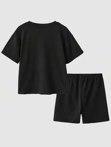 SHEIN 2pcs/Set Young Girls' Six Seven Print Knit Loose T-Shirt + Leggings Set, Casual, Fashionable, Versatile, Suitable For Party, Outing, Photoshoot With Friends, Park, Camping, Vacation, Daily Casual Wear - Black - View 9