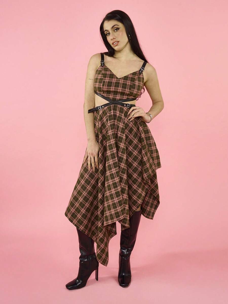 OverBlushhh Đầm midi kẻ caro bất đối xứng dành cho nữ, có dây đeo vai điều chỉnh được, chi tiết giả da, cổ chữ V, eo khoét, chân váy xòe, phong cách thường ngày, bụi bặm, gợi cảm, mặc hàng ngày, mùa xuân - Nhiều màu - Xem 1