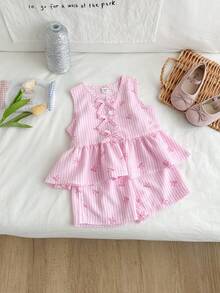 Genkimix Kids Conjunto de 2 piezas de top sin mangas con volantes y lazos a cuadros, y shorts para niña, para verano - Rosa - Ver 5