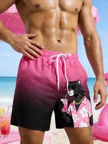 Manfinity Swimmode Quần short nam họa tiết động vật hoạt hình, kiểu ombre, túi xéo, eo có dây rút, phong cách thường ngày, thích hợp đi nghỉ mát, đi biển. - Màu Hồng Tươi - Xem 3
