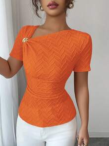 Elenzga 女士优雅不对称领口3D玫瑰金纽扣装饰短袖T恤 - 亮橙色 - 查看 6