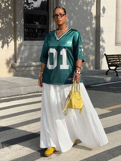 Muchica 大码夏季休闲数字印花T恤和迷你裙两件套